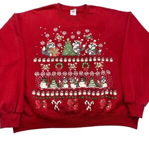 Vintage 90s Christmas Cats Sweatshirt Red Jerzees size XL Cottagecore Cute